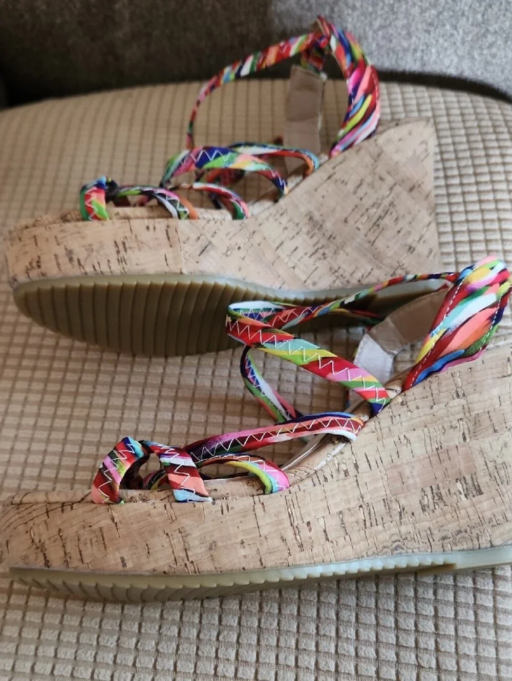 Multi-Color Strappy Cork Wedge Sandals for Women Size 39